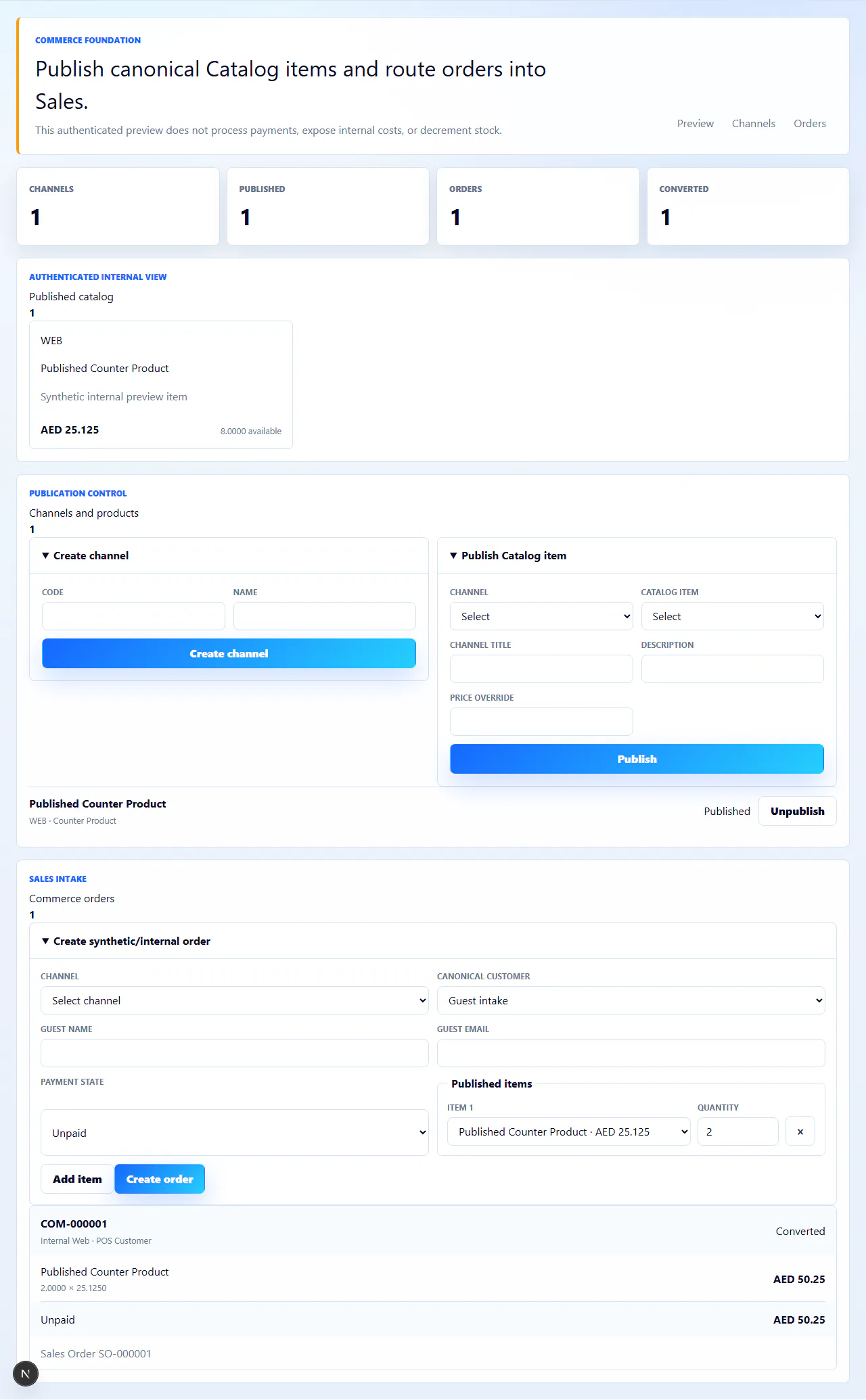 Zivanox Commerce interface showing a synthetic channel, publication, and converted order.