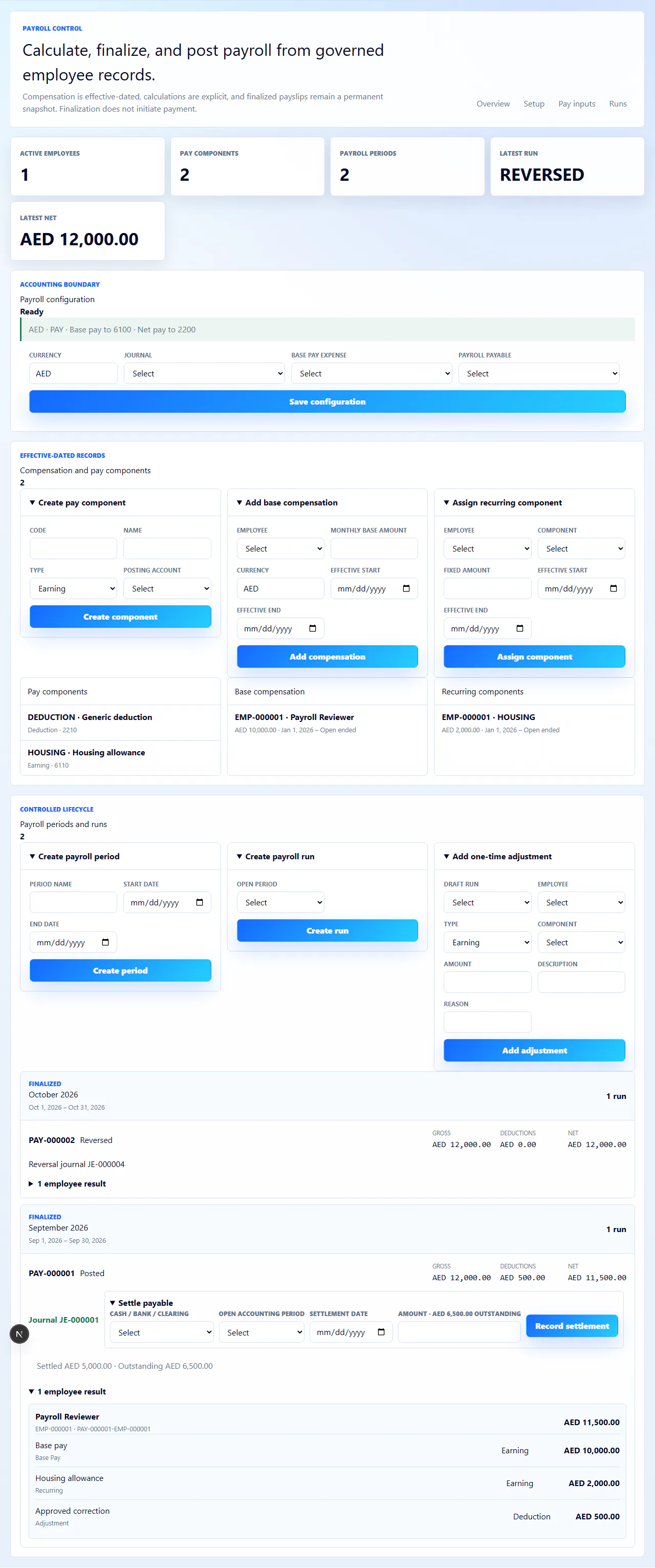 Zivanox Payroll to Finance interface with illustrative synthetic data.