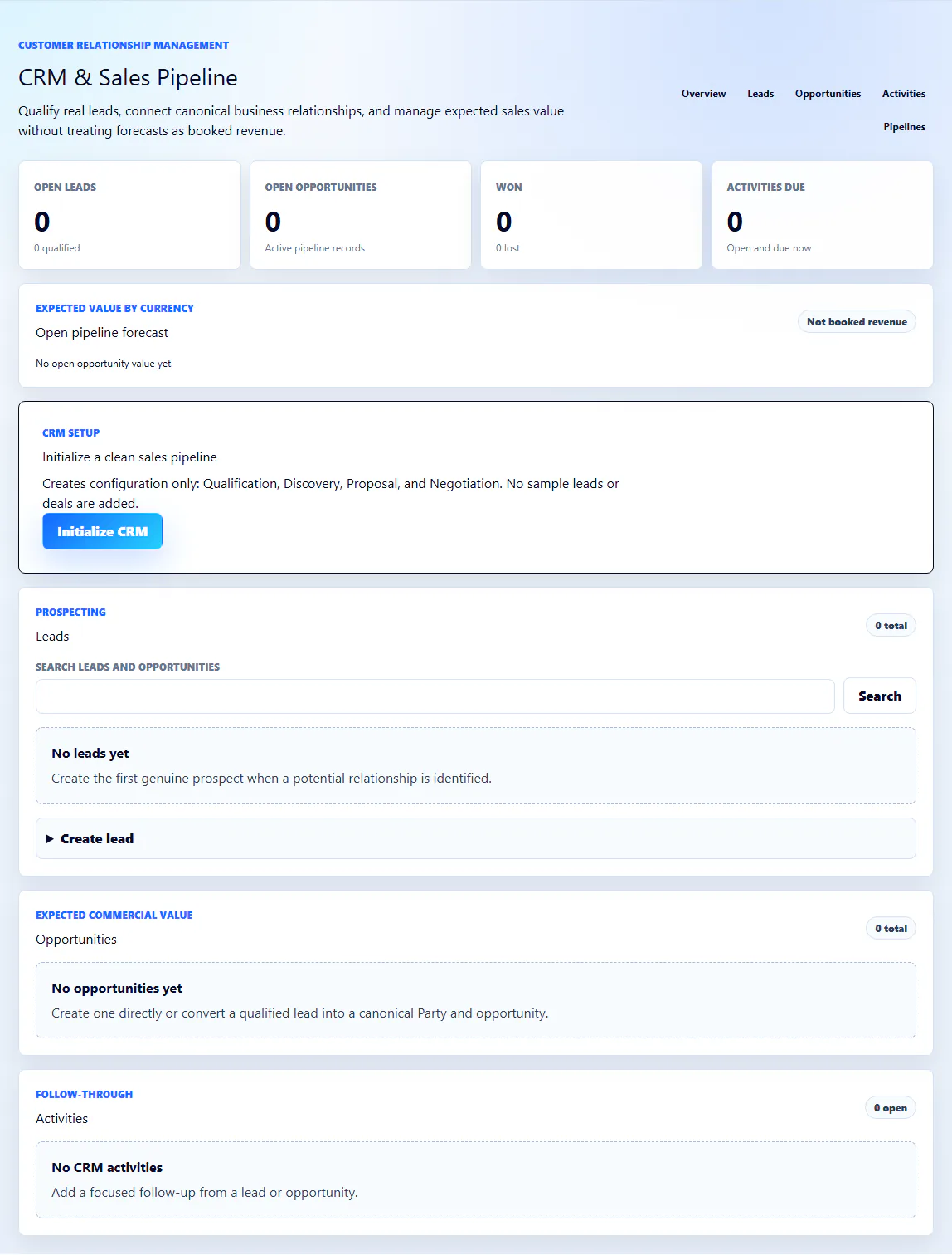 Zivanox CRM interface showing its real lead, opportunity, activity, and clean empty-state controls.