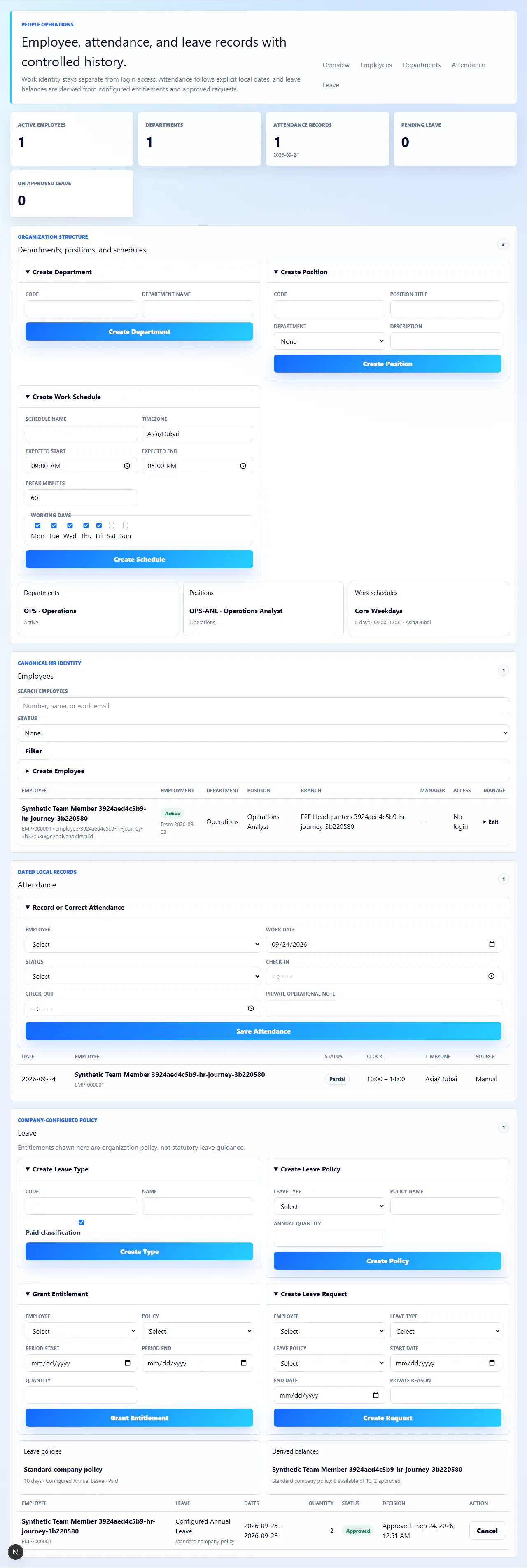 Zivanox HR interface showing a synthetic employee, attendance record, and approved leave.